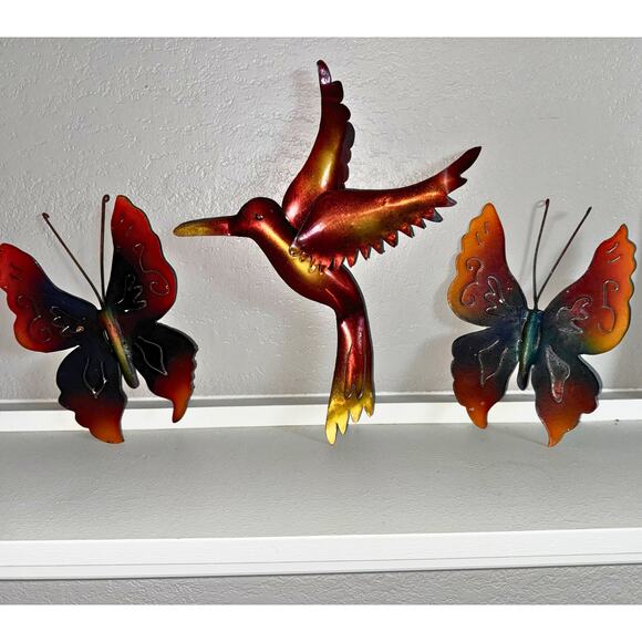 Made in Mexico Metal Wall Art | Hummingbird & Butterfly Trio | Rustic Garden - Picture 1 of 11